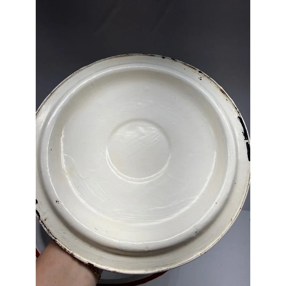 Vintage White Enamelware Lidded Pot Red Trim Wooden Handle Farmhouse Bucket